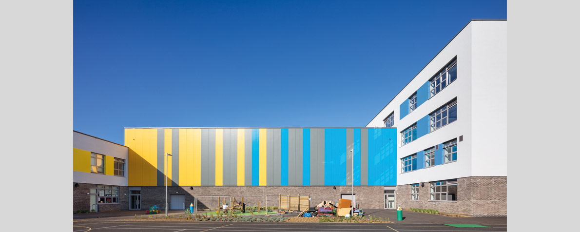 Coloured Insulated Wall Panel Cladding on the ATAM Academy Sports Hall