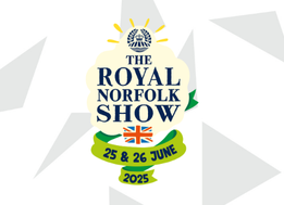 A Royal Norfolk Show logo, with the Royal Norfolk type set on a cloud with a yellow banner underneath with the dates 25th and 26 June 2025 on, seperated by a sketch of a British flag